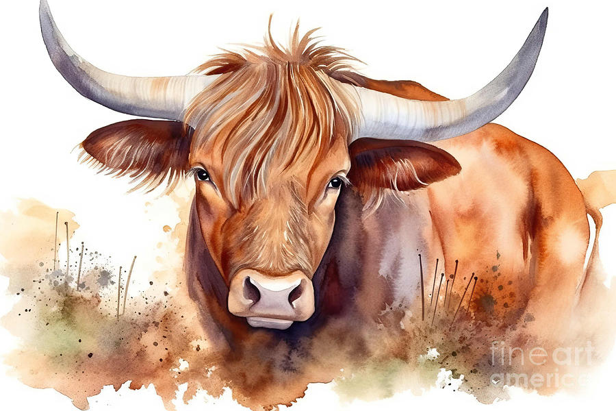 Nature Painting - Watercolor illustration of a brown long-horned bull by N Akkash