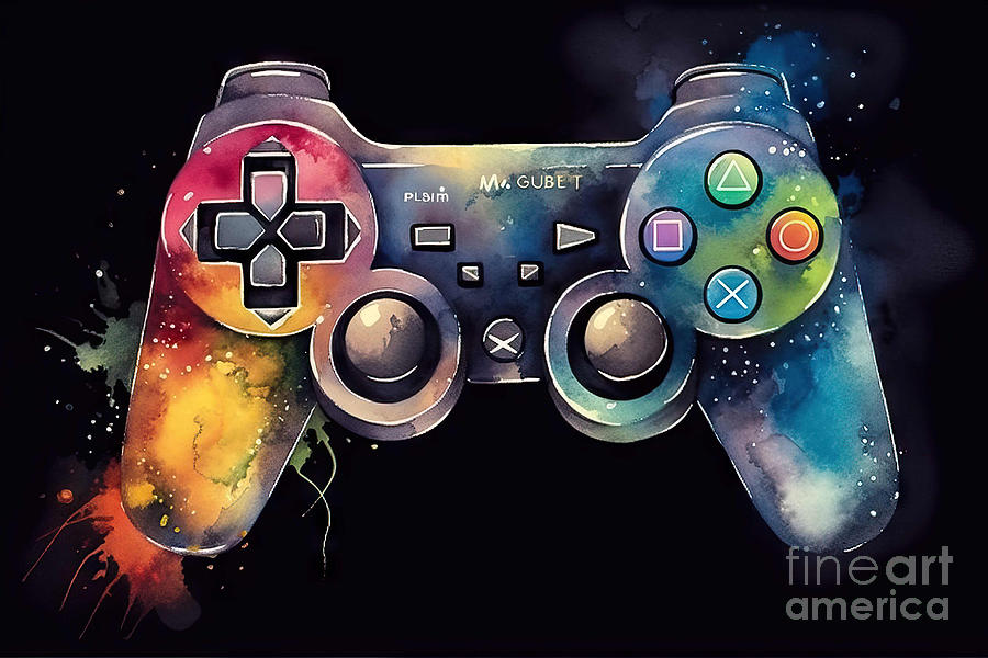 Abstract Painting - Watercolor Illustration of a Colorful Video Game Controller  by N Akkash