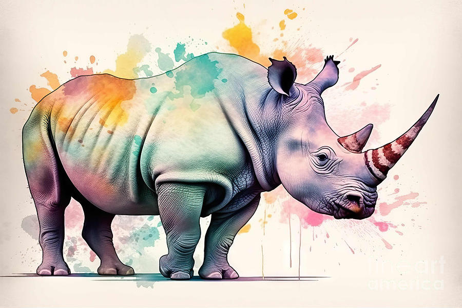 Abstract Painting - Watercolor Illustration of a Rhinoceros Animal Abstract Wallpape by N Akkash