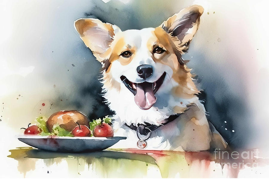 Dog Painting - Watercolor Illustration of a Smiling Dog Happy With Food. by N Akkash