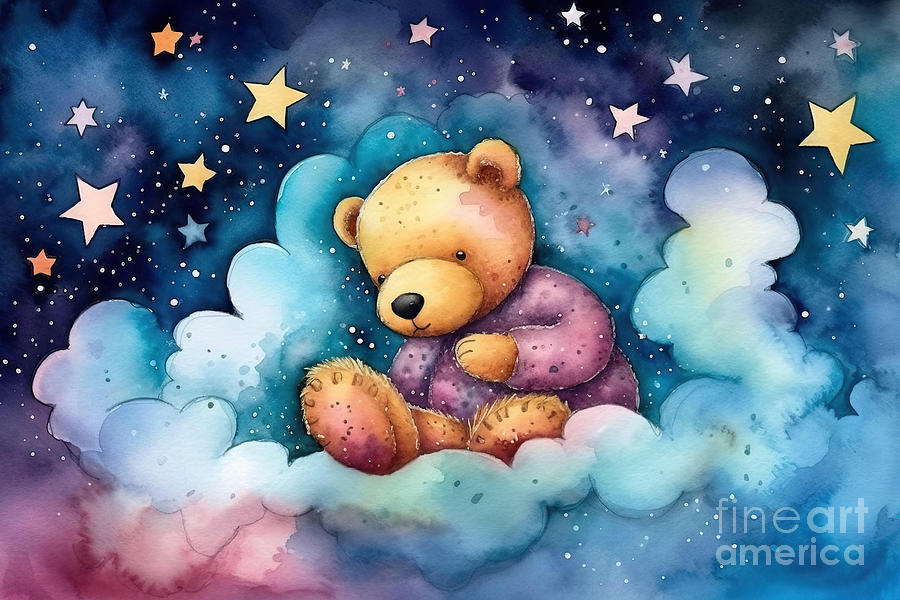 Fantasy Painting - Watercolor Illustration of a Teddy Bear Colorful Sleeping In The by N Akkash