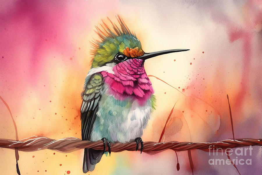 Hummingbird Painting - Watercolor illustration of a vibrant hummingbird bird with color by N Akkash