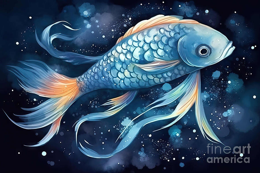 Sign Painting - Watercolor Illustration of a Zodiac Sign Of Pisces, Fantasy Fish by N Akkash