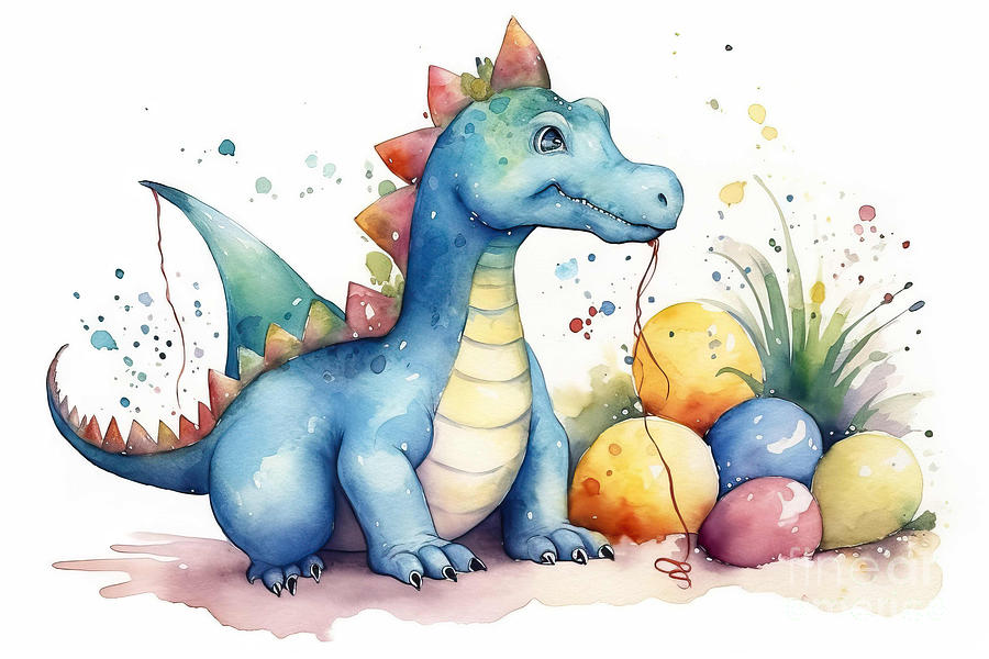 Dinosaur Painting - Watercolor illustration of cute dinosaur with colorful balloons. by N Akkash