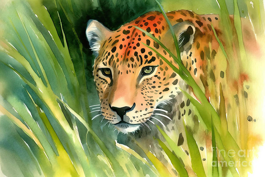 Jungle Painting - Watercolor illustration of golden orange spotted leopard prowlin by N Akkash
