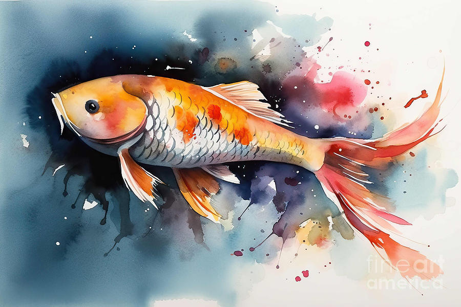 Goldfish Painting - Watercolor illustration of Koi Carp fish. by N Akkash