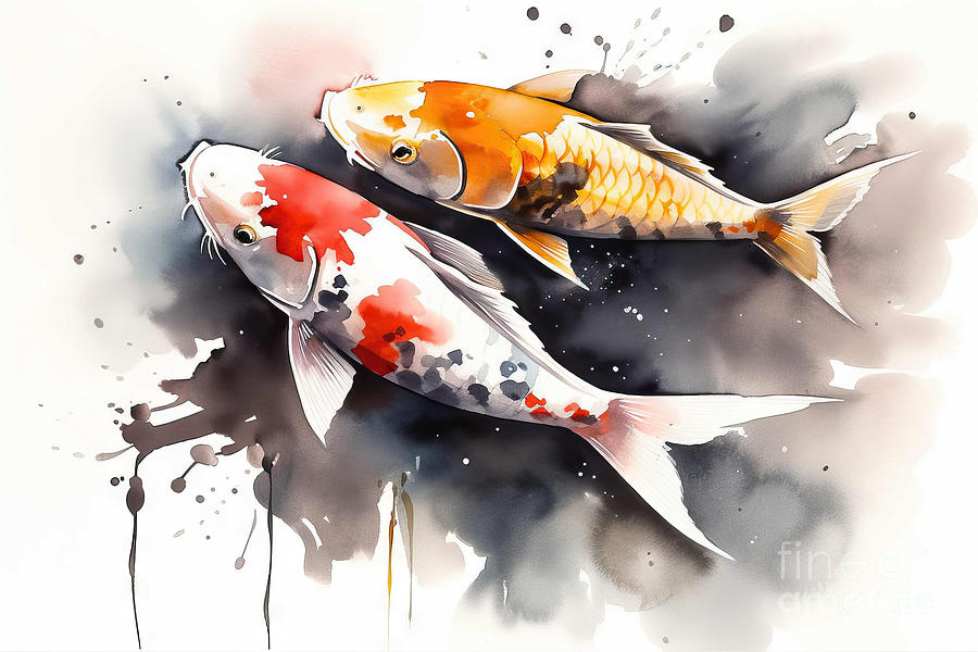 Koi Painting - Watercolor illustration of Koi Carp fish on white background wit by N Akkash