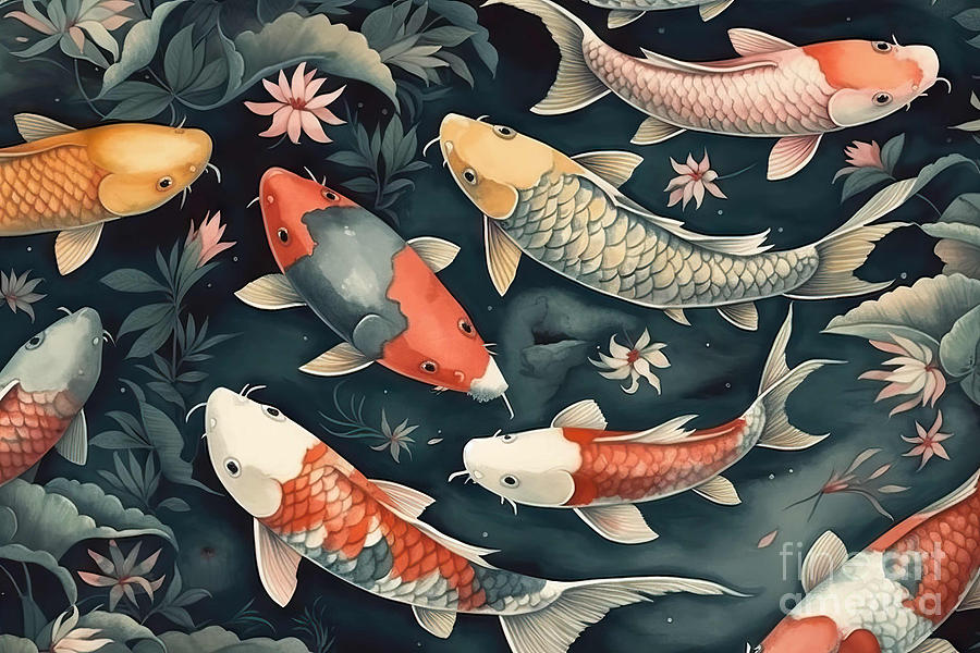 Fish Painting - Watercolor Illustration Of Koi Carp Fish Seamless Pattern. by N Akkash