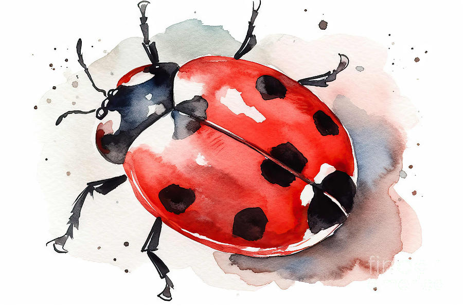 Nature Painting - Watercolor illustration of ladybug in red ink with black spots by N Akkash