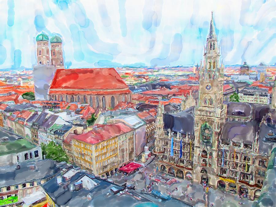Munich Movie Digital Art - Watercolor illustration of Marienplatz in Munich cityscape. Aeri by Renate Frost