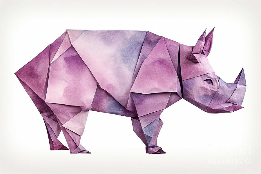 Watercolor illustration of origami rhinoceros. Purple paper orig Painting  by N Akkash - Fine Art America