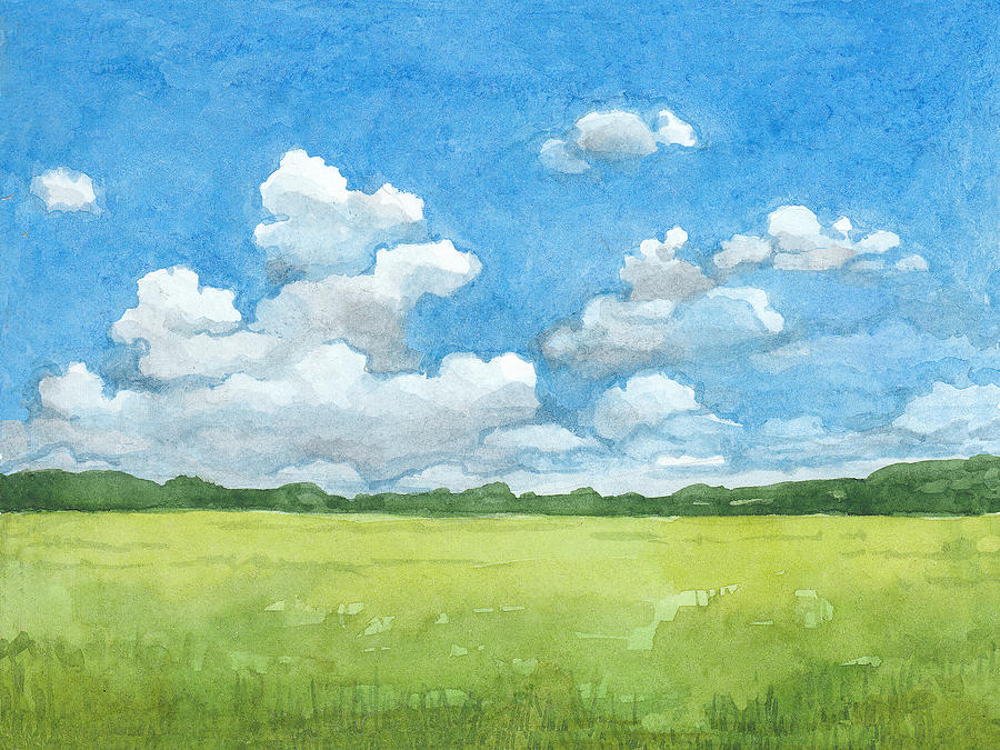 Watercolor Illustration Of Rural Landscape Drawing