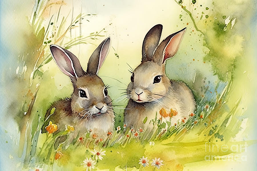 Easter Painting - Watercolor Illustration Rabbits by N Akkash