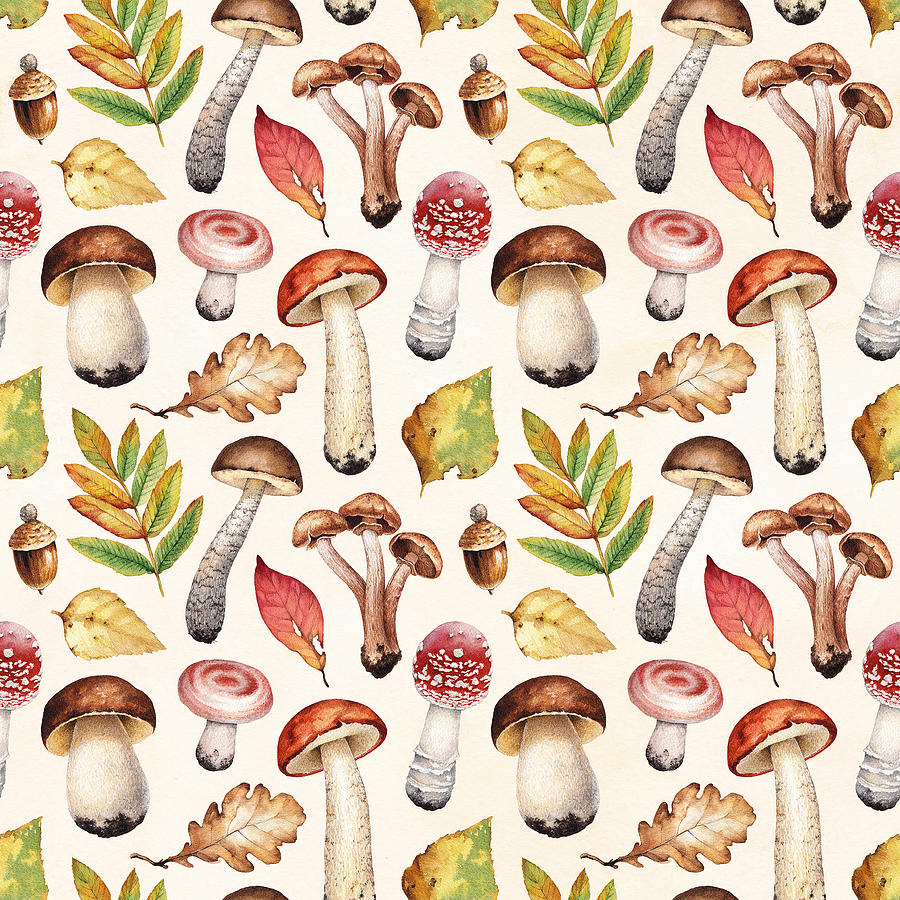 Watercolor illustrations of mushrooms and leaves. Seamless pattern ...