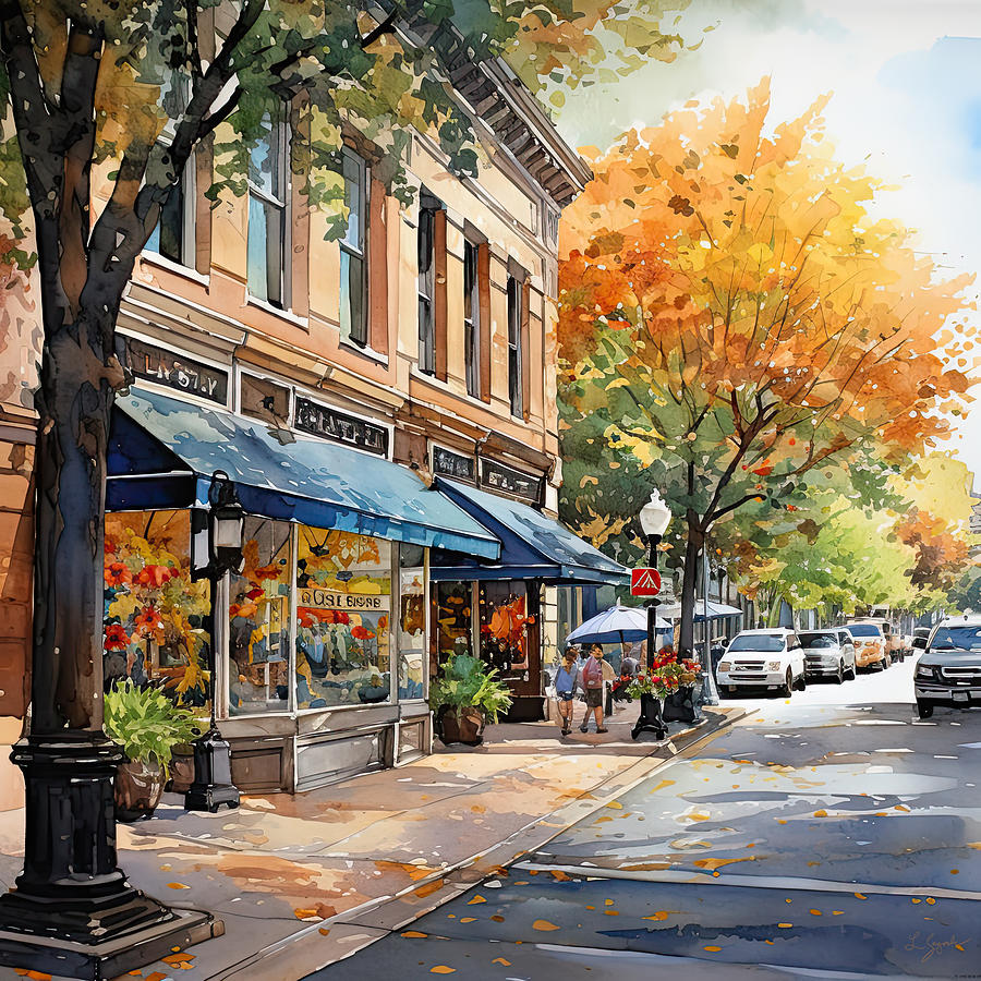 Watercolor Impressionism of a Downtown Scene in the Fall Painting by Lourry Legarde