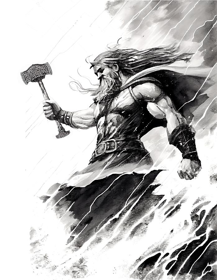 Watercolor ink of northern mythology god thor with its thorshamm ...