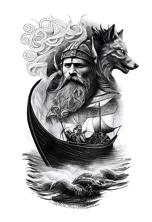 Vintage Drawing - Watercolor ink of northern mythology Odin Fenriswolf and a vikin by Art Momente