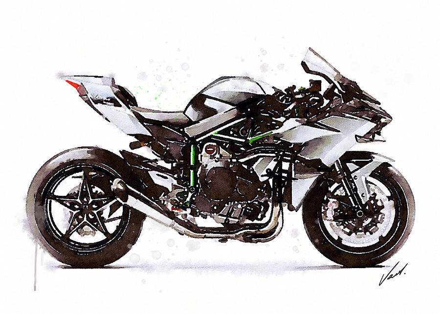 Watercolor Kawasaki Ninja H2R motorcycle - orygin Painting by Vart Studio