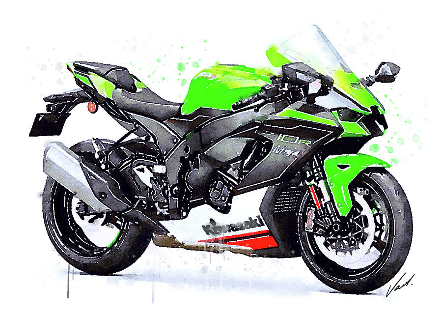 Watercolor Kawasaki Ninja ZX10R motorcycle - oryginal artwork by Va Painting by Vart Studio