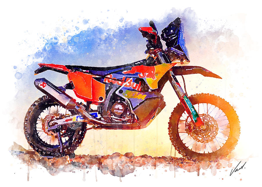 Watercolor KTM 450 Rally Dakar motorcycle - oryginal artwork by Vart. Painting by Vart Studio
