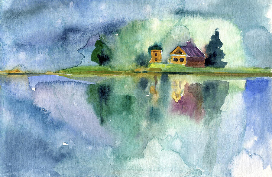 Watercolor Lakeside House Painting Digital Art by Sambel Pedes