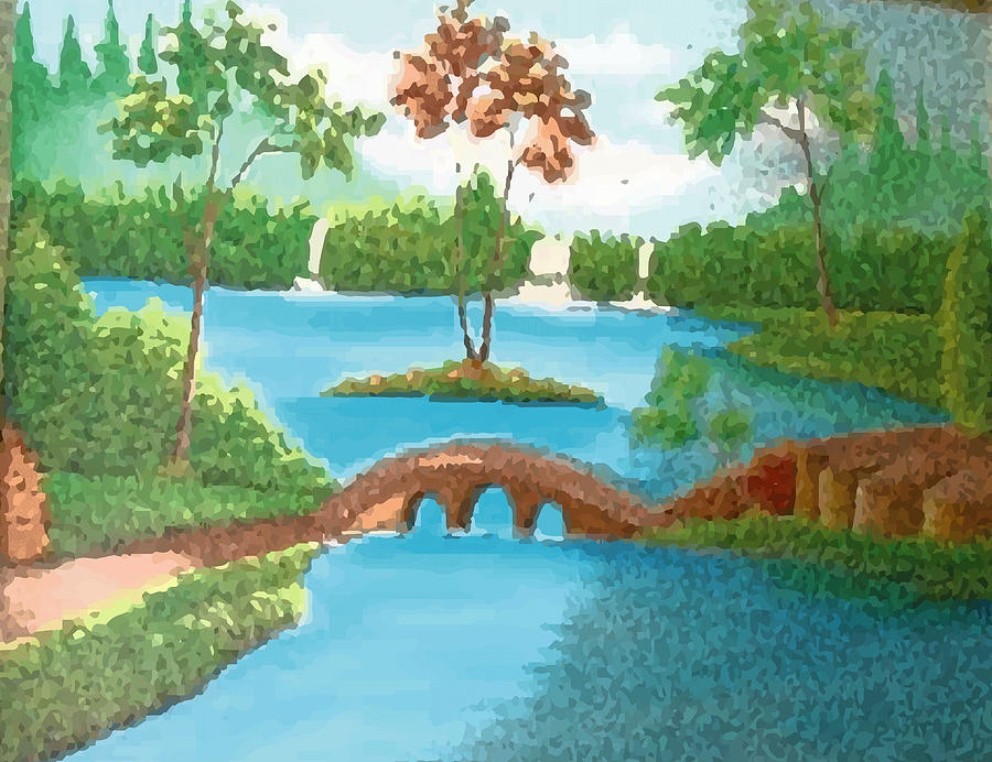 Nature Drawing - Watercolor Landscape Painting, A Chinese Stone Bridge Over The River, Hand Drawn Riverside And Trees by Mounir Khalfouf