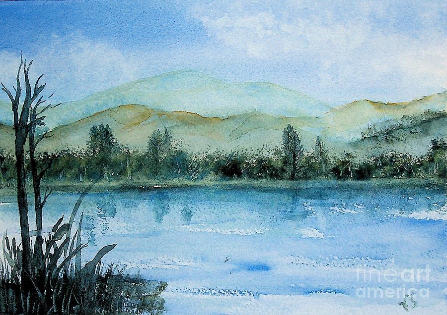 Watercolor Landscape river and mountains Painting by Valerie Shaffer