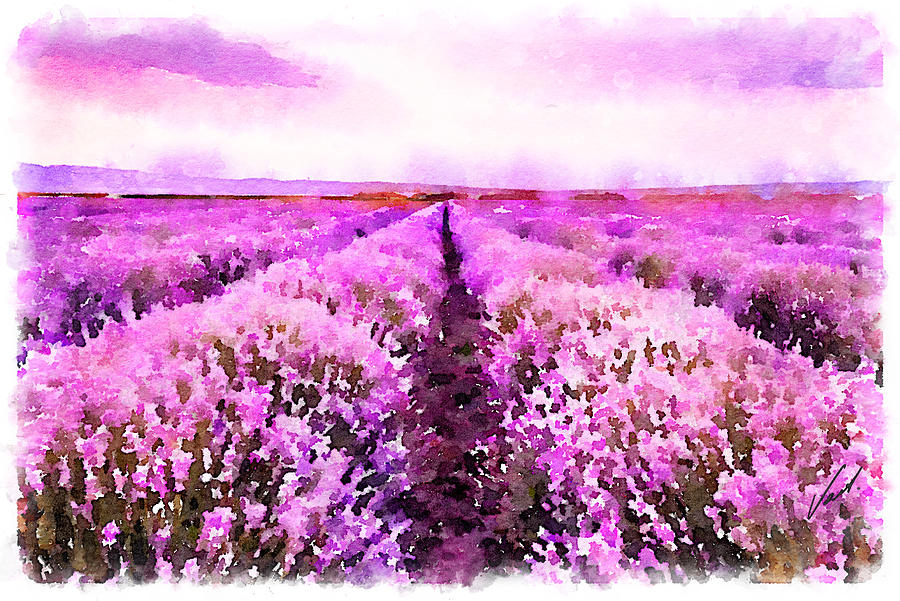 Watercolor Lavender field by Vart Painting by Vart