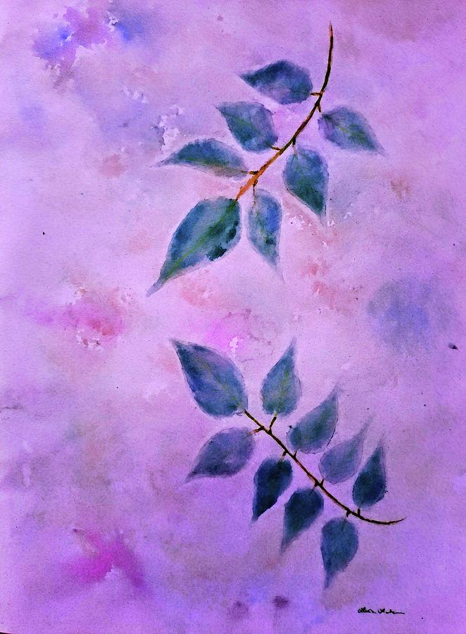 Nature Painting - Watercolor leaves on elegant purple  by Lucia Waterson