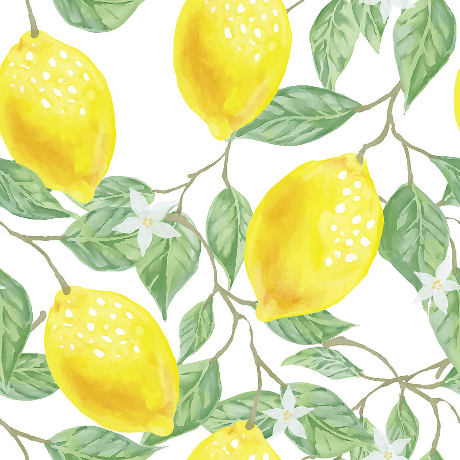 Summer Drawing - Watercolor lemon seamless vector pattern, realistic vector seamless pattern with hand drawn lemons by Mounir Khalfouf