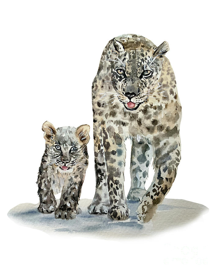 Watercolor Leopard Mother and Baby Wild Animals Digital Art by Amusing DesignCo