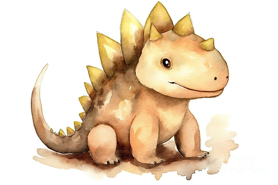 Dinosaur Painting - Watercolor, Little Dinosaur. Brown. Isolated by N Akkash