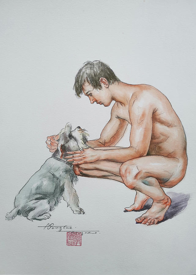watercolor -Man and dog #20711 Painting by Hongtao Huang