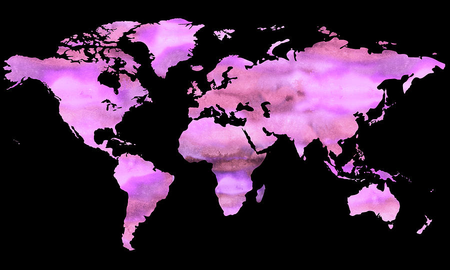 Watercolor Map Of The World In Fascia Pink  Painting by Irina Sztukowski