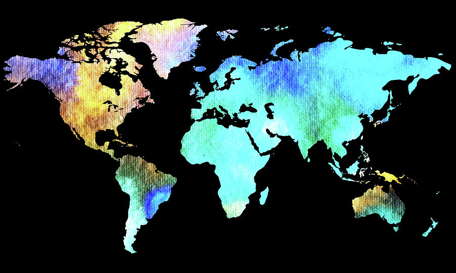 Watercolor Map Of The World In Turquoise Blue And Yellow Painting by ...