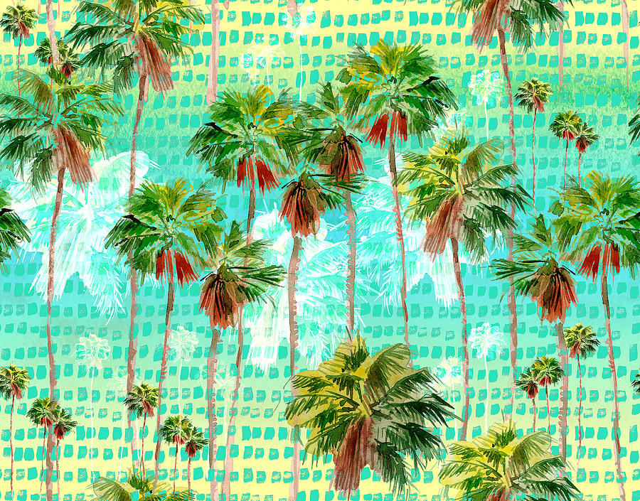 Watercolor Miami Palms Seamless Background, Tropical Pattern Drawing
