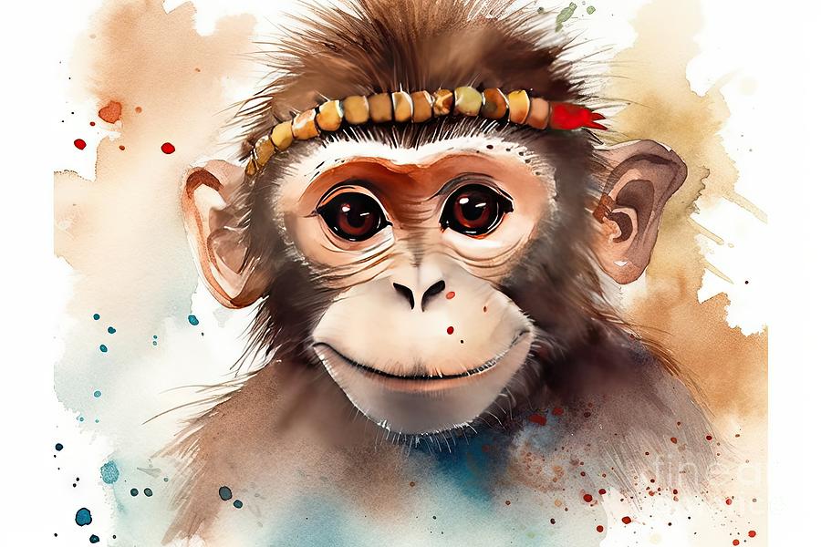 Jungle Painting - Watercolor monkey portrait by N Akkash