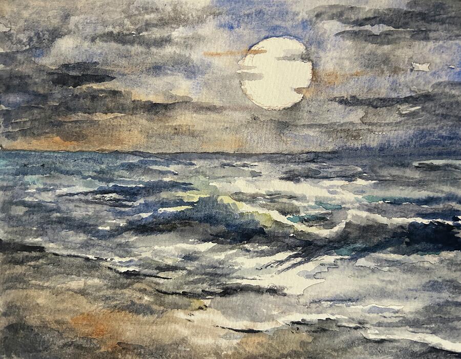 Watercolor Moonlit Seascape Painting by Larry Whitler
