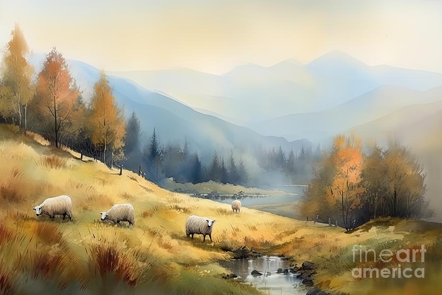 Sheep Painting - Watercolor mountain autumn pasture landscape with sheep. Panorama.  by N Akkash