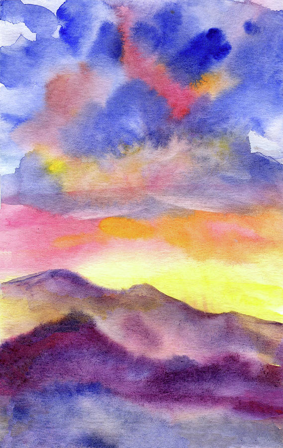 Watercolor Mountain Sunrise View Painting Digital Art by Sambel Pedes