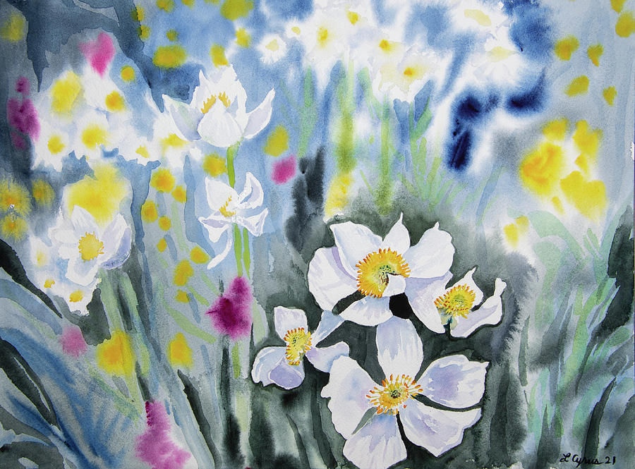 Watercolor - Narcissus Anemone Blooms Painting by Cascade Colors