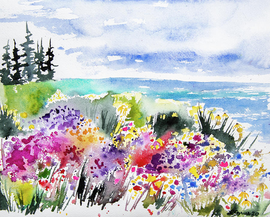 Watercolor - Northern Minnesota Garden by the Lake Painting by Cascade Colors