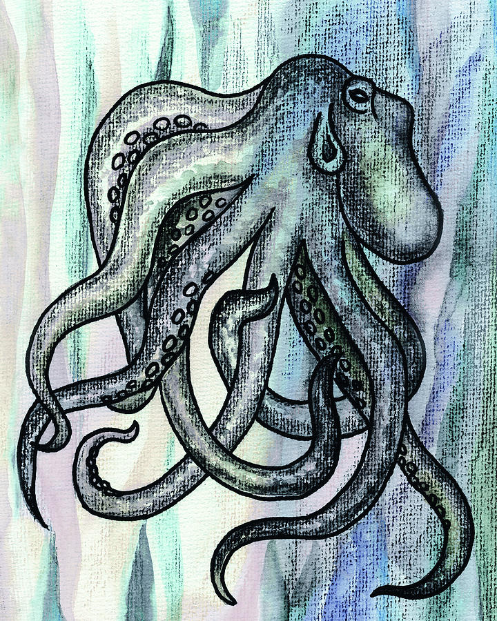 Watercolor Octopus Beach Art Teal Blue Sea Creature Painting by Irina Sztukowski