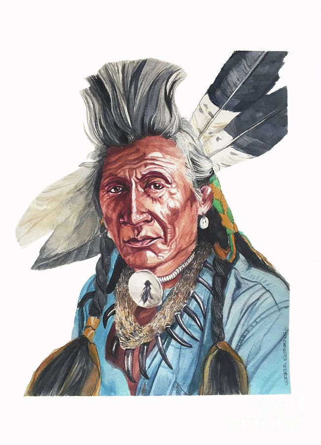 Watercolor of Native American a Crow Bull Chief Indian Warrior Painting by Greta Corens