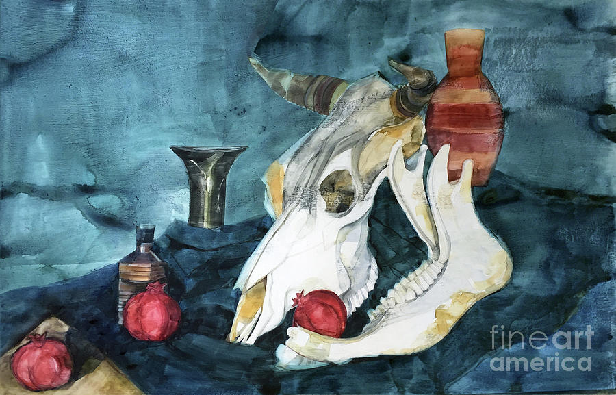 Watercolor of a Still life with pomegranates and a horse skull Painting by Greta Corens