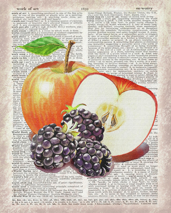 Watercolor Of Apples And Blackberries On Dictionary Page  Painting by Irina Sztukowski