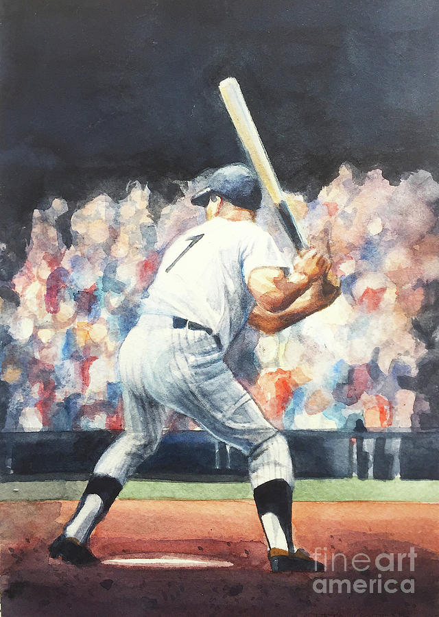 Watercolor of Baseball Star Mickey Mantle Painting by Greta Corens