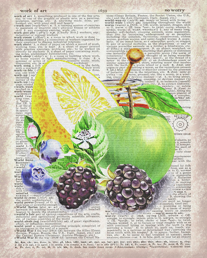 Watercolor Of Berries Fruit And Honey On Dictionary Page  Painting by Irina Sztukowski