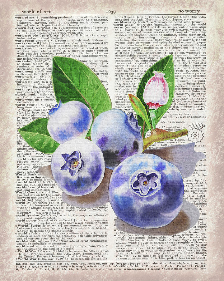 Watercolor Of Blueberries On Dictionary Page Work Of Art Painting by Irina Sztukowski