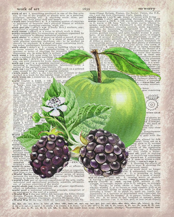 Watercolor Of Green Apple Blackberry On Dictionary Page Work Of Art Painting by Irina Sztukowski